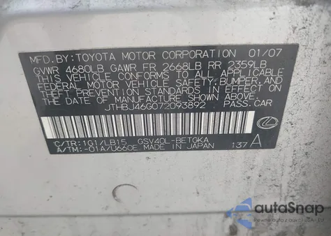 2007 Lexus Es 350 из США, поврежденный, VIN JTHBJ46G072093892